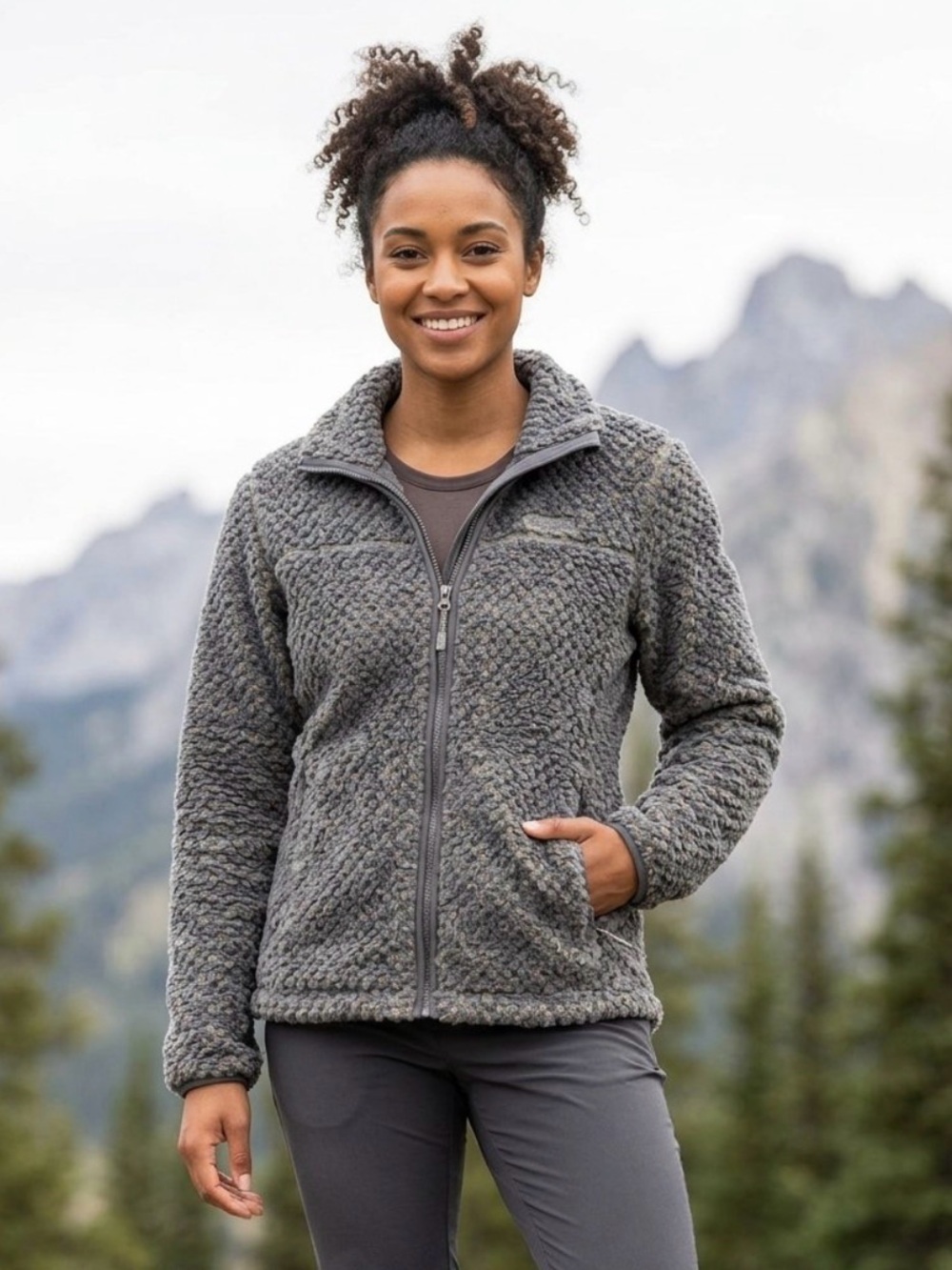 Columbia Women Jacket Small Gray Fire Side II Sherpa Logo Zipper Long Sleeve